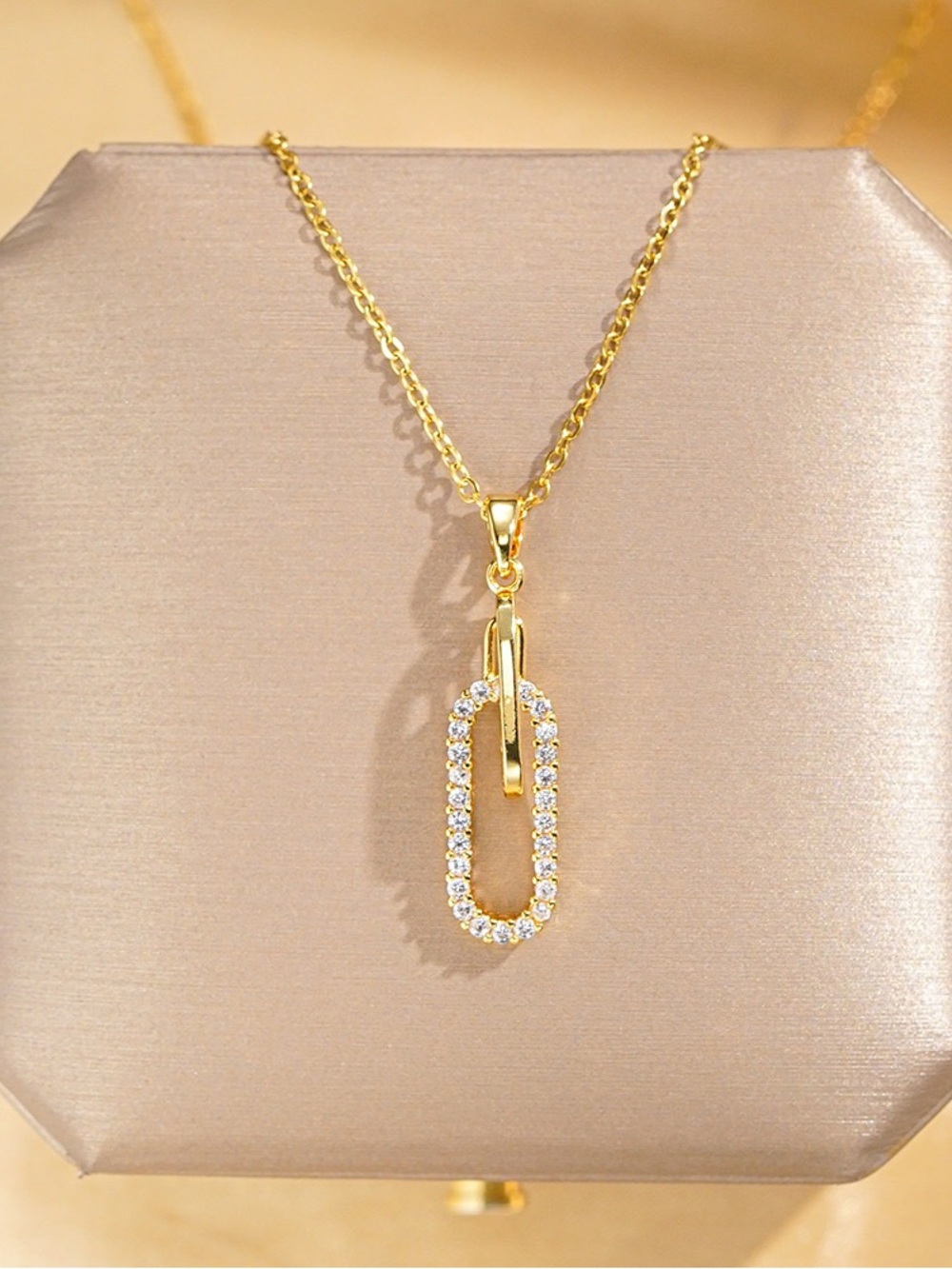 18K Gold Plated Paperclip Cubic Zirconia Pendant Necklace | Bridal Wedding Gift